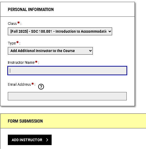 Screenshot of the add instructor information section.