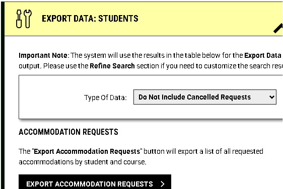 Screenshot of the export information section of the instructor portal.