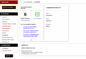 Screenshot of AIM Student Portal Dashboard. On the left are all the different pages for students to click through. On the right is the main dashboard where courses and accommodations live.
