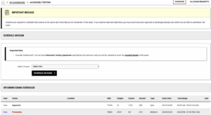 Image shows student profile accessible testing page where you can schedule and exam and look at what exams are scheduled. 