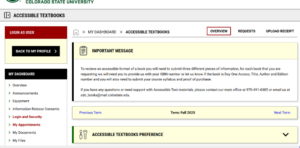 Accessible Textbook Dashboard featuring the main page and request tab on the upper right handside next to overview and upload reciept.