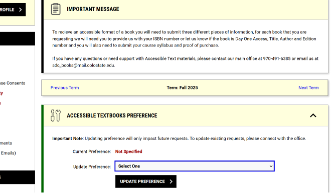 Accessible Textbook main dashboard with important information note and Accessible Textbook preferences.