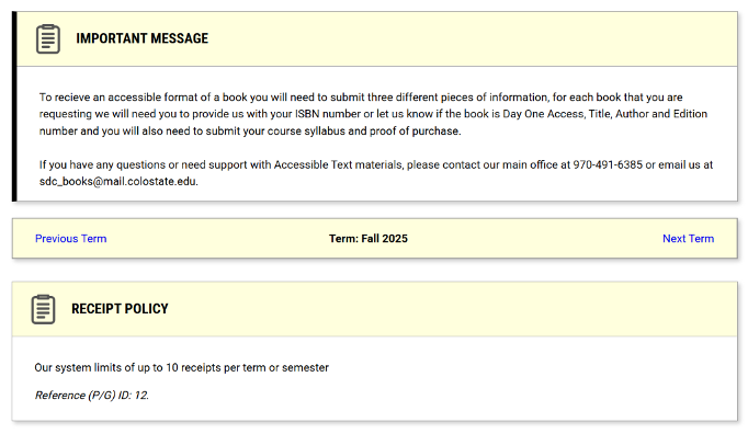 Further down the page will be an important message about Accessible Textbooks and Receipt policy.