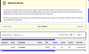 Image of Request page. On the top of the page is information about what to submit, below is information about textbooks that have been requested and their progress.