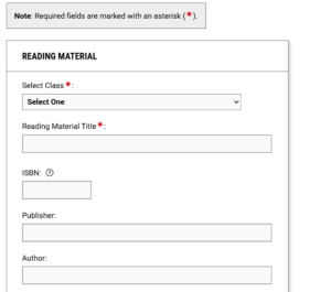 Reading Material Request form. This form will need to be filled out to request a textbook with our office. 