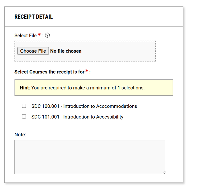 Finally at the bottom of the page will be a section to upload your receipts. It asks for a file to be uploaded and a course to be chosen for the receipt.