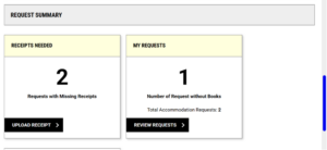 Request summary section showing two boxes on the left is the receipts needed for the course and the right box is for my requests.