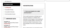 Screenshot of student dashboard showing the left-hand accommodations module.