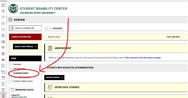 Screenshot of the SDC instructor portal Overview page with the Accessible Testing tab indicated by a red circle and arrow.
