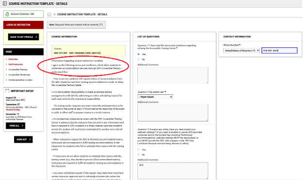 Screenshot of the Course Instruction Template with a red circle indicating the list of policies for the Accessible Testing Center.