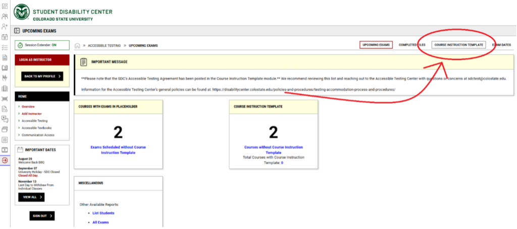 Screenshot of the Accessible Testing page in the instructor portal with a red circle and arrow indicating the Course Instruction Template.