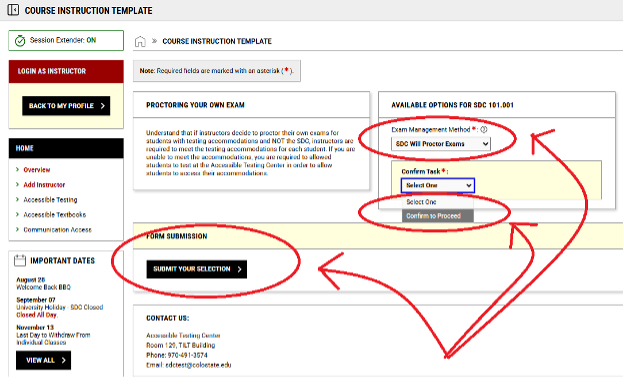 Screenshot of the exam management page inside the Course Instruction Template with three red circles and arrows indicating the drop-down menus and the button to Submit Your Selection
