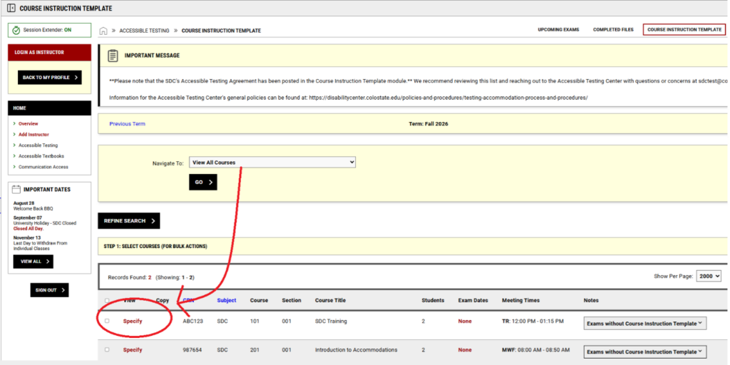 Screenshot of the Course Instruction page with red circle and arrow indicating the selectable red text, "Specify"