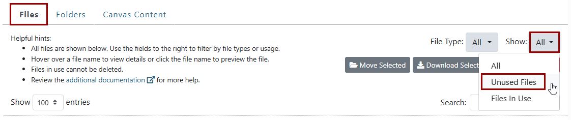 Show Unused Files in dropdown menu