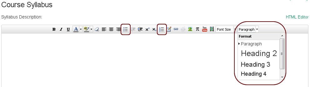 Text Editor with Paragraph dropdown menu expanded to show headings options