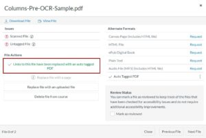 Confirmation message that links have been replaced with auto tagged PDF
