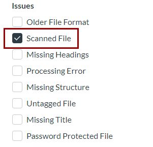 In the filter window, select "PDF" for file type and "Scanned File" for Issues