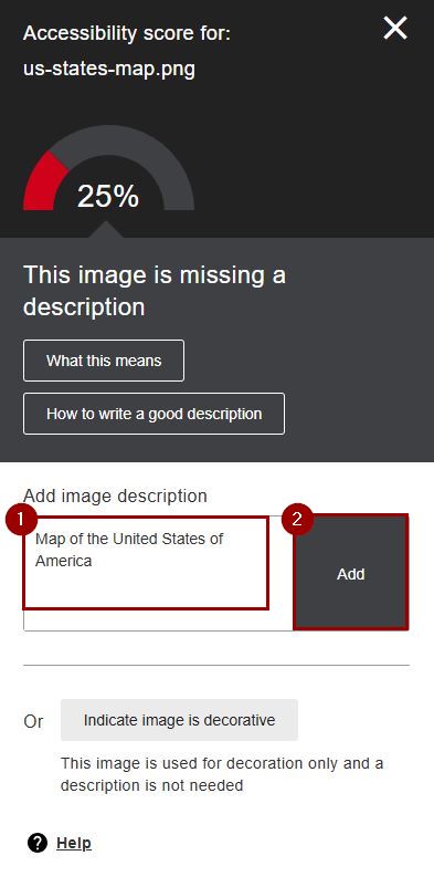 Image description typed in the text box, and Add button to add the description to the image.