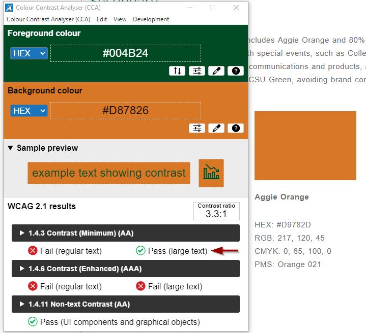 CCA Tool showing regular text failing contrast