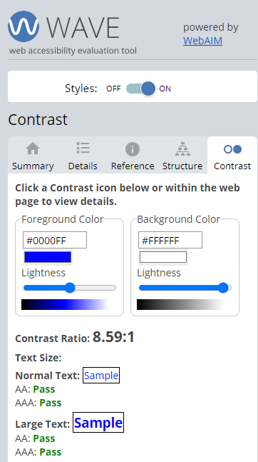 WAVE Tool Contrast Tab