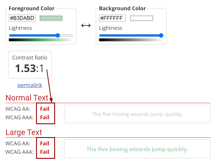 Failed colors in the WebAIM contrast checker