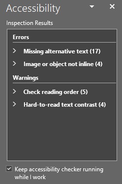 Accessibility sidebar with an errors and a warnings list