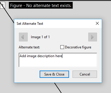 Alternate text image description field, Save & Close button highlighted