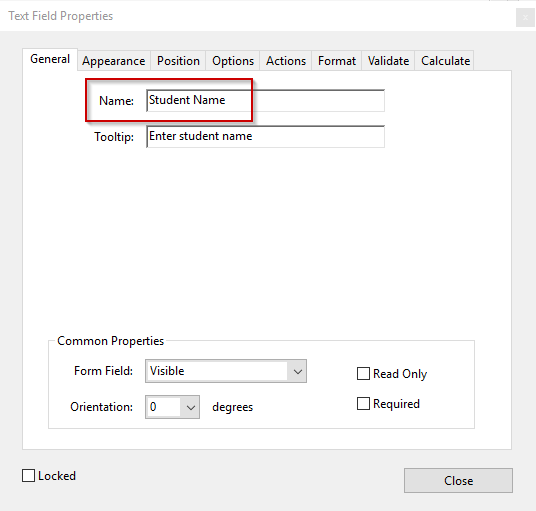 Box under General that says Name: Student Name
