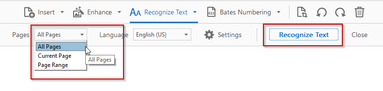 All pages button and Recognize Text button circled in red