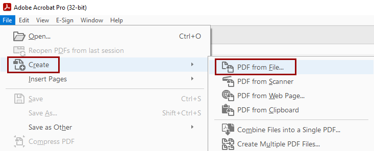 Adobe Acrobrat Pro Create and PDF from File buttons