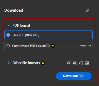 PDF format tab, "This PDF (1002.4KB) is checked and circled. Download PDF button circled.
