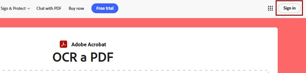 Sign in button top right of Adobe Cloud website