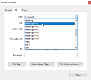 Type dropdown; selecting "Heading level 1" option