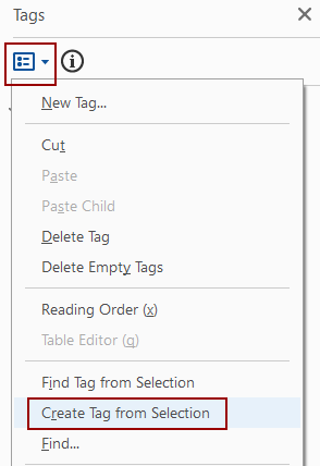 Create tag from selection button under tag options dropdown menu