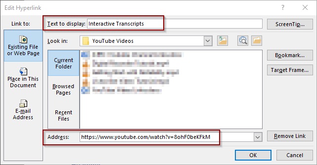 Text to display and Address sections in Edit Hyperlink menu