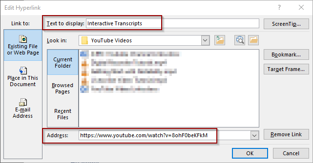 Text to display and Address sections in Edit Hyperlink menu