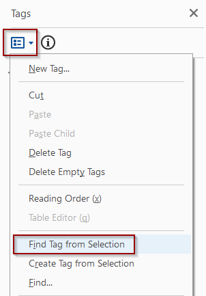 Find tag from selection button under tag options dropdown menu