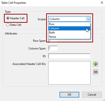 Header Cell button is checkmarked, Scope dropdown: Column is selected
