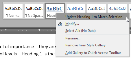 Update Heading 1 to Match Selection button 