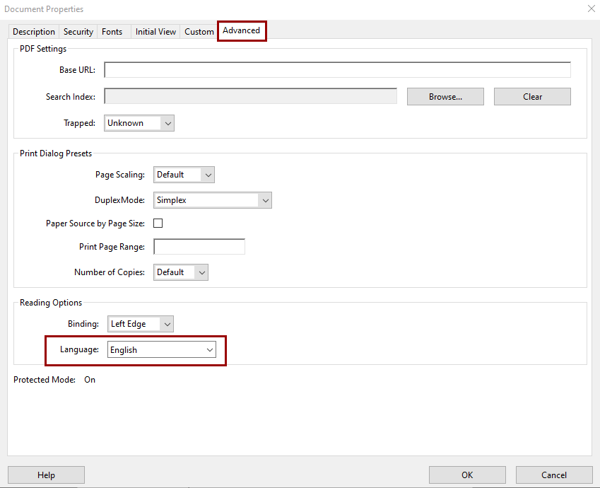 English Option under Advanced Tab