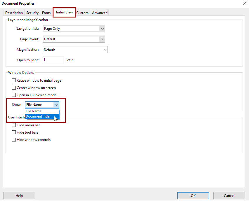 Initial View tab with Show option drop down, selecting Document Title