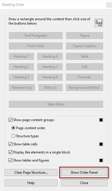 Show Order Panel button under Reading Order