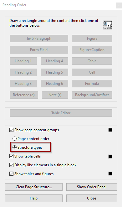 Structure types button is selected