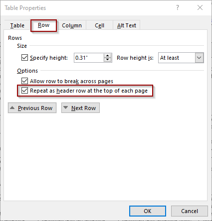 Under row tab in table properties the repeat as header row at the top button is checked