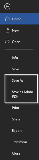 Save as PDF and Save as Adobe PDF buttons