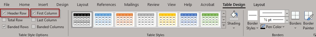 Header Row and First Column buttons under design ribbon.