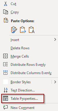 Table Properties under dropdown menu in Microsoft Word