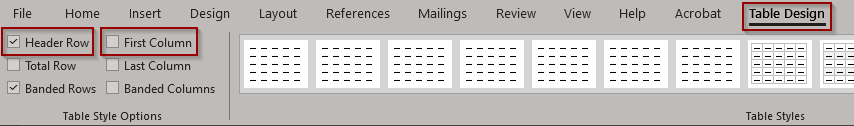 Header row checkbox is checked, first column checkbox is unchecked