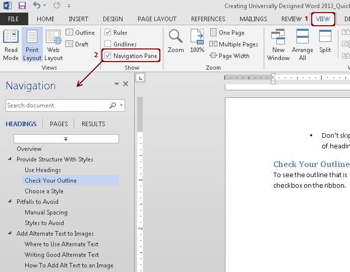 Navigation pane on Word