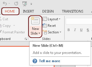Circles the Home tab and the New Slide (Cntrl + M) buttons on Microsoft PowerPoint